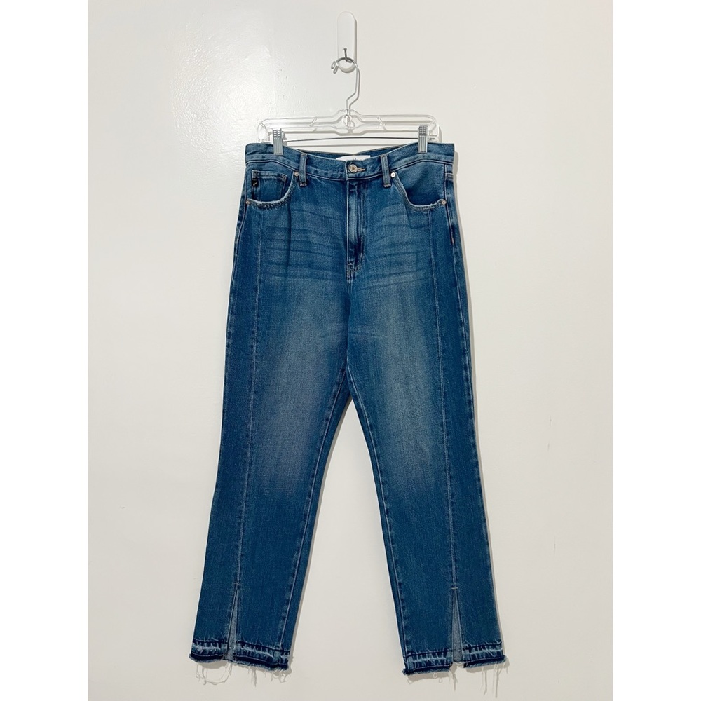 KanCan High Rise Straight Leg Jeans Medium Wash Seam Detail Slit Raw Hem 28